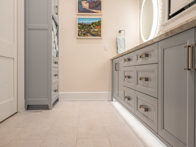 Grey bathroom vanity cabinets with linen cabinet