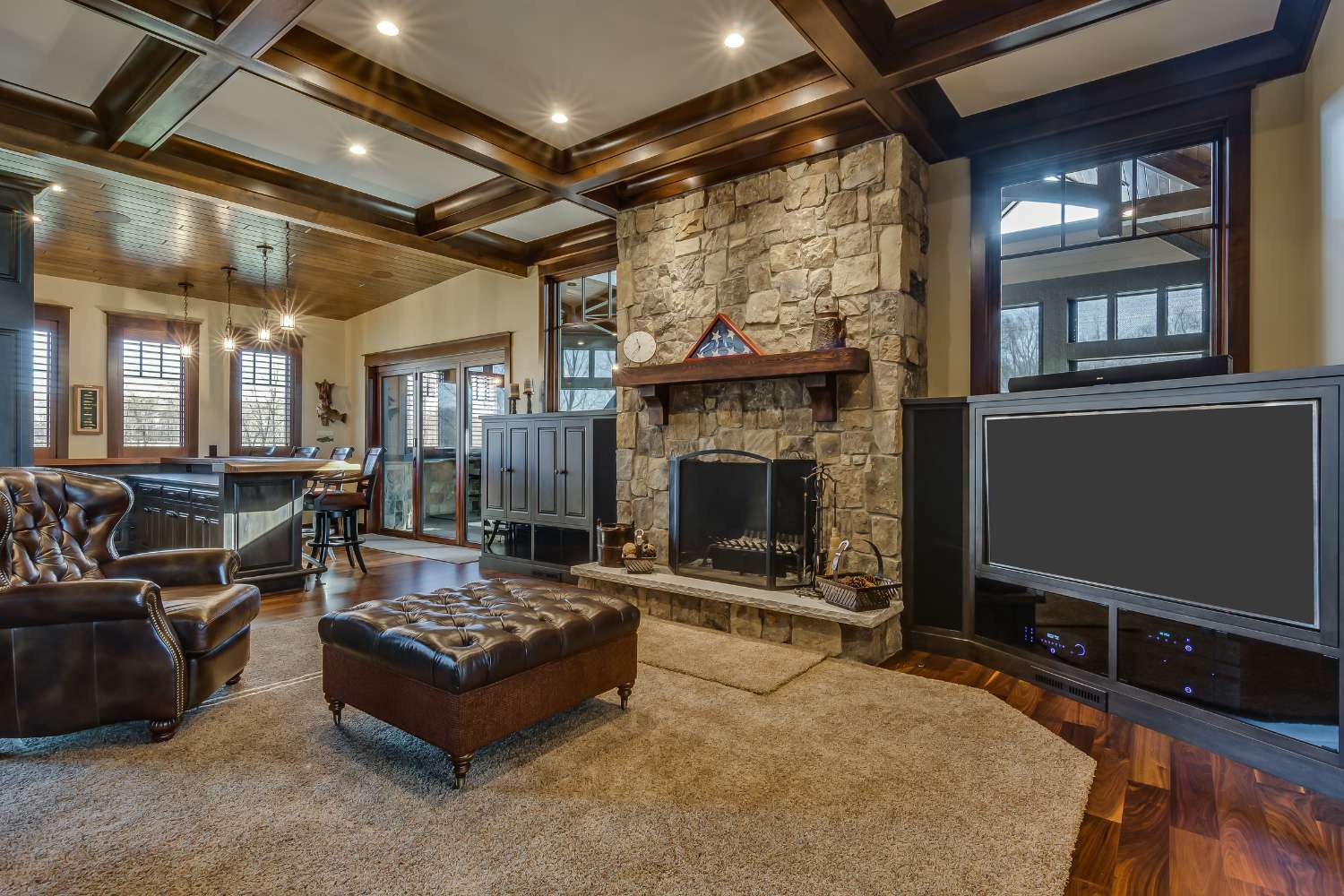 View of home entertainment area with custom cabinets and shelves in South Bend Indiana