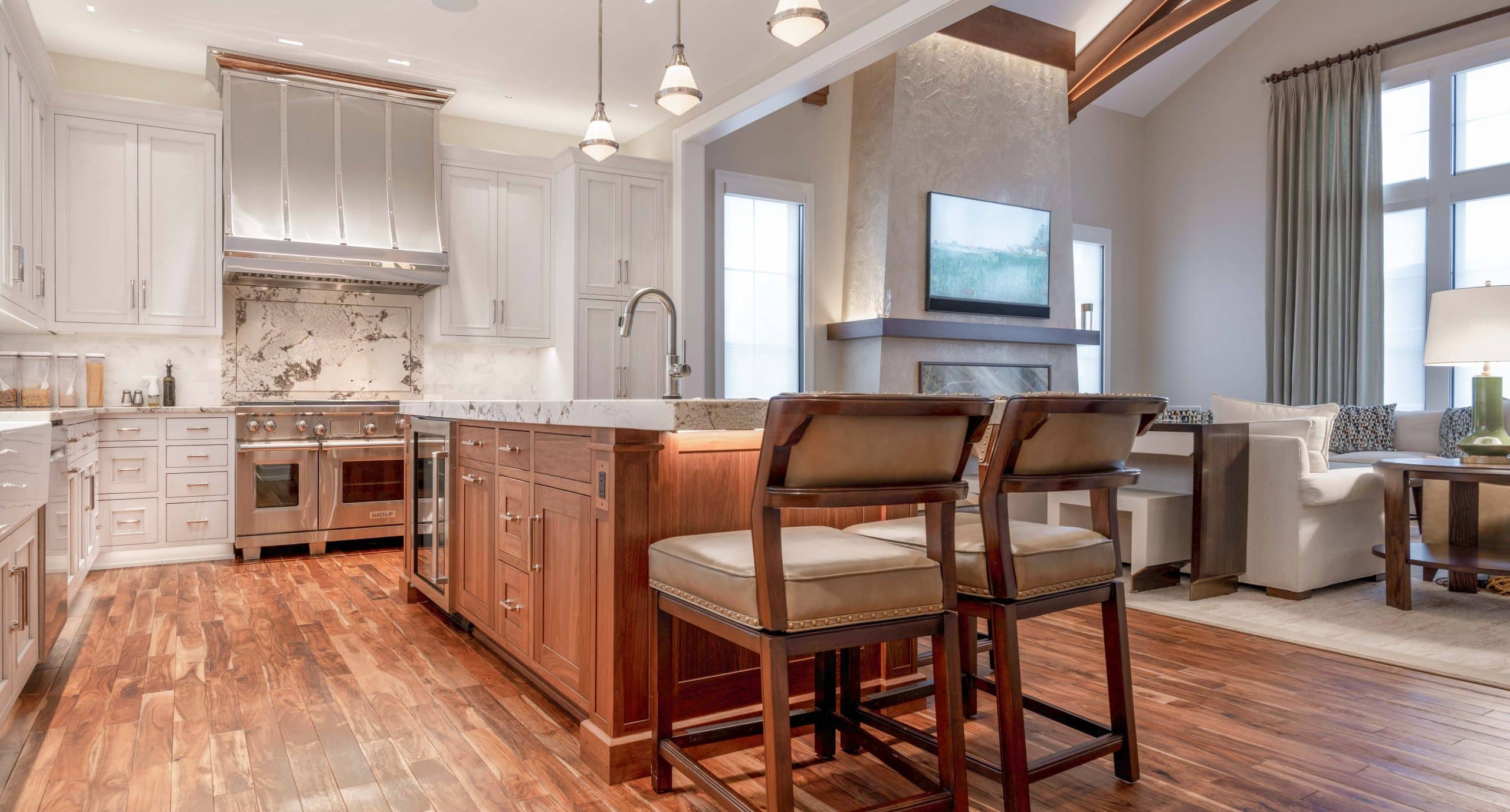 Grey inset cabinets in kitchen with kitchen island